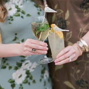 Puede incluir: Dos recipientes de cristal transparente con bebidas claras, cada uno adornado con un peque&ntilde;o palillo de bandera triangular blanca con la etiqueta The Featherstons. Un vaso contiene una guarnici&oacute;n de hierbas verdes y el otro una rodaja de c&iacute;trico.