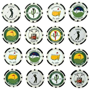May include: Sixteen circular poker chips featuring various designs including golf silhouettes, maps of Georgia, city skylines of Atlantic City, and whiskey glasses. Each chip has a white center with black and green accents and text.