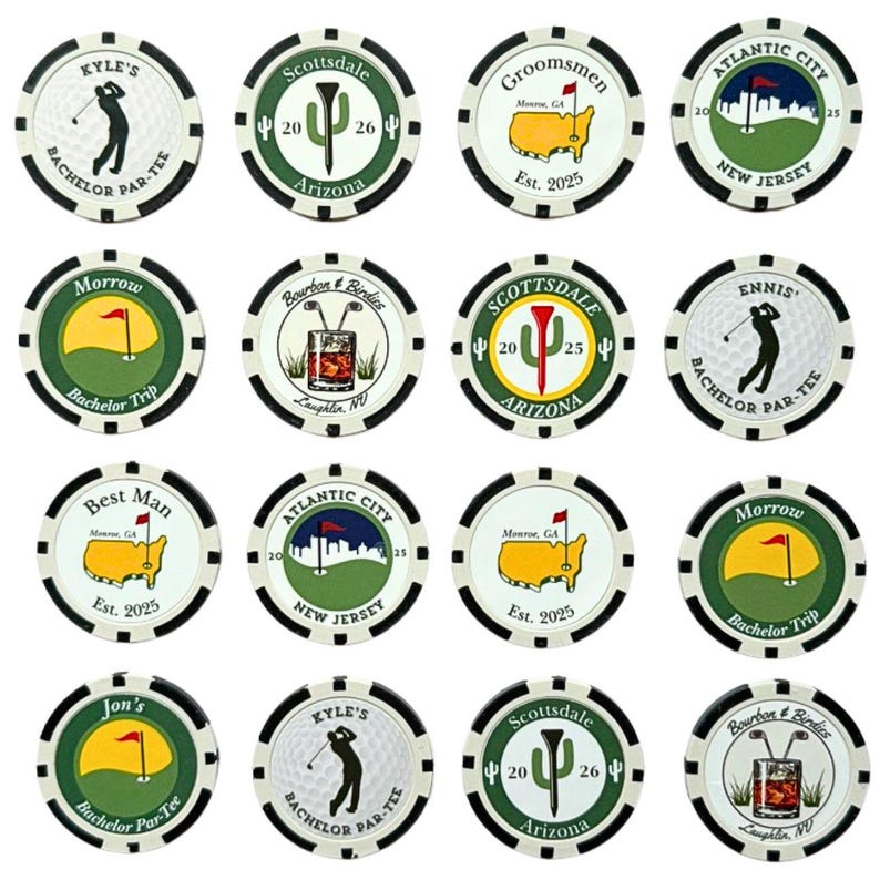 May include: Sixteen circular poker chips featuring various designs including golf silhouettes, maps of Georgia, city skylines of Atlantic City, and whiskey glasses. Each chip has a white center with black and green accents and text.