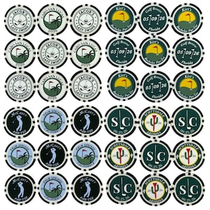 May include: A collection of round poker chips featuring various golf-themed designs. The chips display text including Jacob's Last Swing, Kirt's Bachelor Par-Tee, McCarty Par-Tee, and Scottsdale Arizona with dates and graphics of golf clubs, flags, and palm trees.