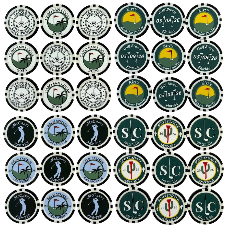 May include: A collection of round poker chips featuring various golf-themed designs. The chips display text including Jacob's Last Swing, Kirt's Bachelor Par-Tee, McCarty Par-Tee, and Scottsdale Arizona with dates and graphics of golf clubs, flags, and palm trees.