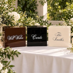 Puede incluir: Tres cajas rectangulares de acrílico con ranuras en la parte superior. La caja marrón tiene el texto blanco Well Wishes, la caja negra el texto blanco Cards y la caja crema el texto negro The Smiths en una fuente de letra cursiva.