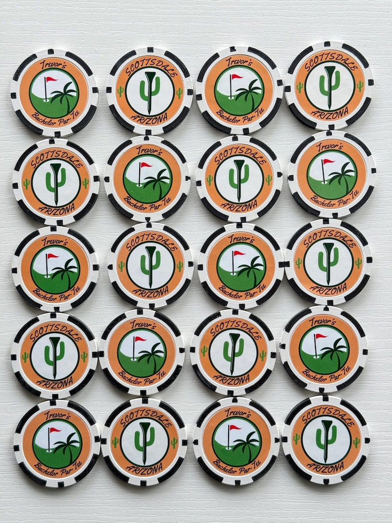 May include: A collection of twenty round poker chips arranged in a grid. Each chip features a white center with a green golf course graphic, a cactus, a palm tree, and a red flag. The text reads Trevor's Bachelor Par-Tee and Scottsdale Arizona.