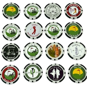 May include: Sixteen circular poker chips featuring various golf-themed designs, including text like Jason's Bachelor Par-Tee, Canadian Lakes Michigan, Liam's Last Swing, Las Vegas 2025, Beauchamp Classic, Jack's Bachelor Party, Savannah Georgia, and The Cup.