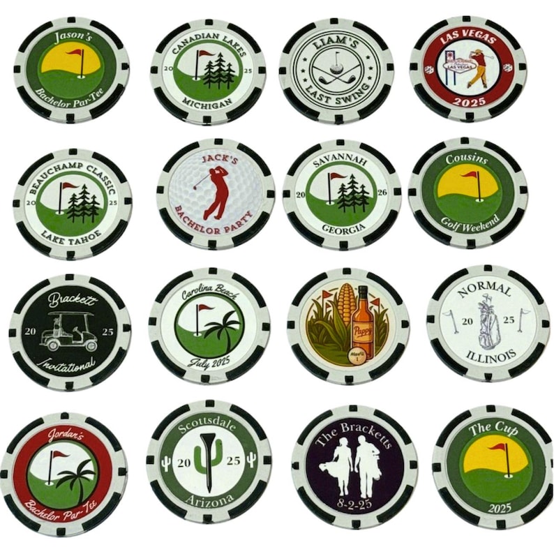 May include: Sixteen circular poker chips featuring various golf-themed designs, including text like Jason's Bachelor Par-Tee, Canadian Lakes Michigan, Liam's Last Swing, Las Vegas 2025, Beauchamp Classic, Jack's Bachelor Party, Savannah Georgia, and The Cup.