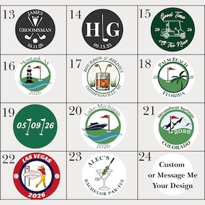 May include: A grid of twelve circular poker chip designs labeled 13 through 24, featuring various graphics like golf themes, locations, and custom text. The top text reads Customize with your own text and the bottom reads All mockups are for the center of the poker chip.