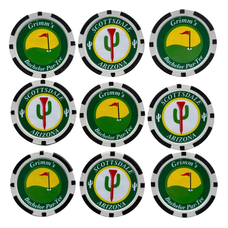 May include: A set of nine circular poker chips with white edges and black rectangular accents. Five chips feature a green and yellow golf graphic with the text Grimm's Bachelor Par-Tee. Four chips show a red golf tee and cactus with Scottsdale Arizona.