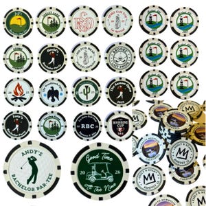 May include: A collection of round, white and dark-colored poker chips featuring various custom graphic designs, including golf themes, text like 'Bachelor Par-Tee', 'Seeley Lake', 'Montauk NY', 'Mammoth Mountain', and 'Keely & Ryan', with golf clubs, carts, and landscapes.