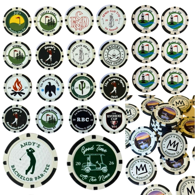 May include: A collection of round, white and dark-colored poker chips featuring various custom graphic designs, including golf themes, text like 'Bachelor Par-Tee', 'Seeley Lake', 'Montauk NY', 'Mammoth Mountain', and 'Keely & Ryan', with golf clubs, carts, and landscapes.