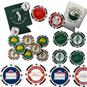 May include: A collection of custom poker chips and two foam can coolers. The chips feature various golf, Las Vegas, and bachelor party designs with text including Kyle's Bachelor Par-Tee, Las Vegas May 2025, Scottsdale Arizona, and Nichole & Jared.