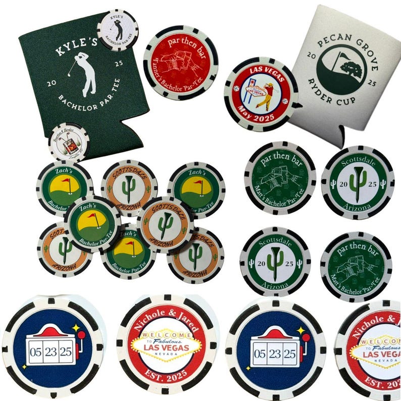 May include: A collection of custom poker chips and two foam can coolers. The chips feature various golf, Las Vegas, and bachelor party designs with text including Kyle's Bachelor Par-Tee, Las Vegas May 2025, Scottsdale Arizona, and Nichole & Jared.