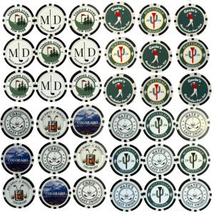 May include: A collection of round poker chips featuring various golf-themed designs. The chips display text including Turning Stone New York, Gavin's Bachelor Par-Tee, Chris Last Swing, Bourbon & Birdies Colorado, and Nate's Last Swing with golf graphics.