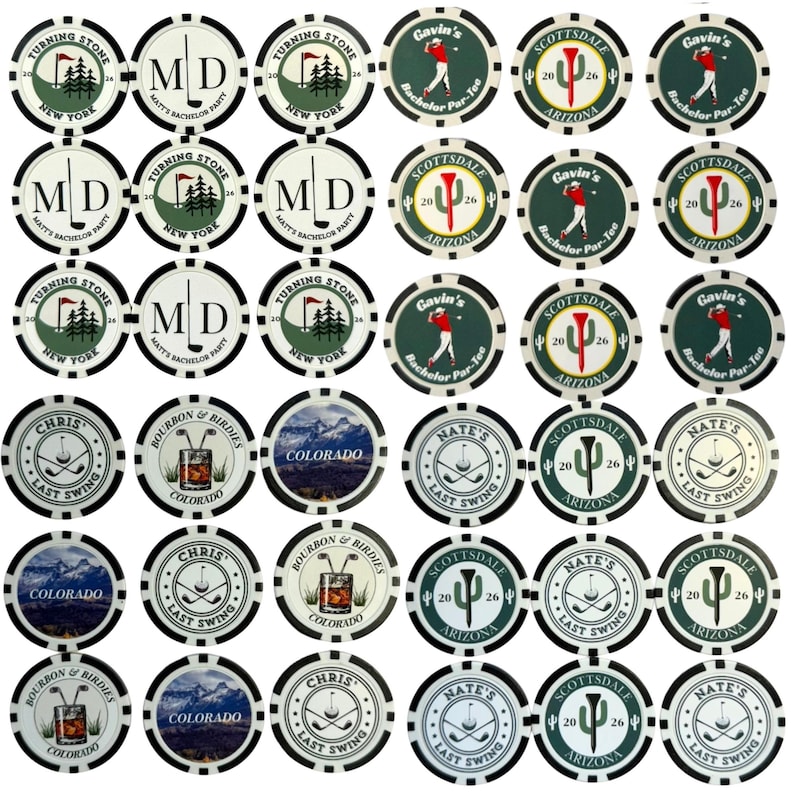 May include: A collection of round poker chips featuring various golf-themed designs. The chips display text including Turning Stone New York, Gavin's Bachelor Par-Tee, Chris Last Swing, Bourbon & Birdies Colorado, and Nate's Last Swing with golf graphics.