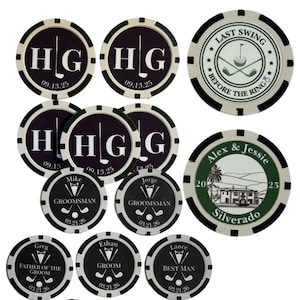 May include: A collection of round poker chips featuring various custom designs. Some chips display the initials HG with a golf club and the date 09.13.25. Others show golf graphics with the text Last Swing Before The Ring, or wedding roles like Groomsman, Groom, and Best Man with names and dates.