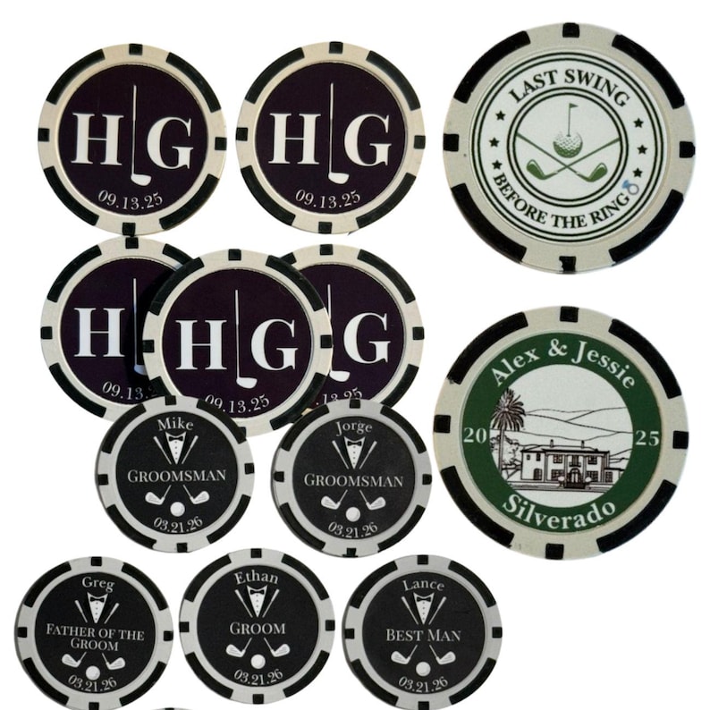 May include: A collection of round poker chips featuring various custom designs. Some chips display the initials HG with a golf club and the date 09.13.25. Others show golf graphics with the text Last Swing Before The Ring, or wedding roles like Groomsman, Groom, and Best Man with names and dates.