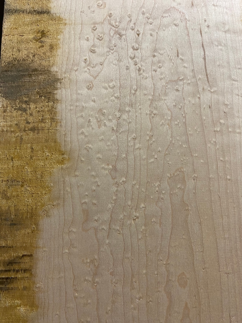 May include: A close-up of a light brown wood veneer with a distinctive burl pattern. The wood has a natural, unfinished look.