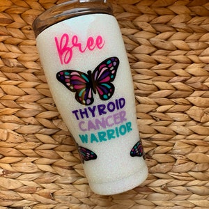 Thyroid Cancer Butterflies (I'm a survivor) - HT Never Tide Down deep smile  French tip with Party Punch and Glitterally Purple wings (butterflies were  hand-drawn on a nail mat to become decals) 