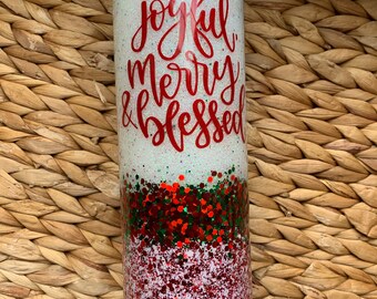 Glitter Tumbler: Joyful Merry & Blessed Custom Epoxy Tumbler, Christmas Gift