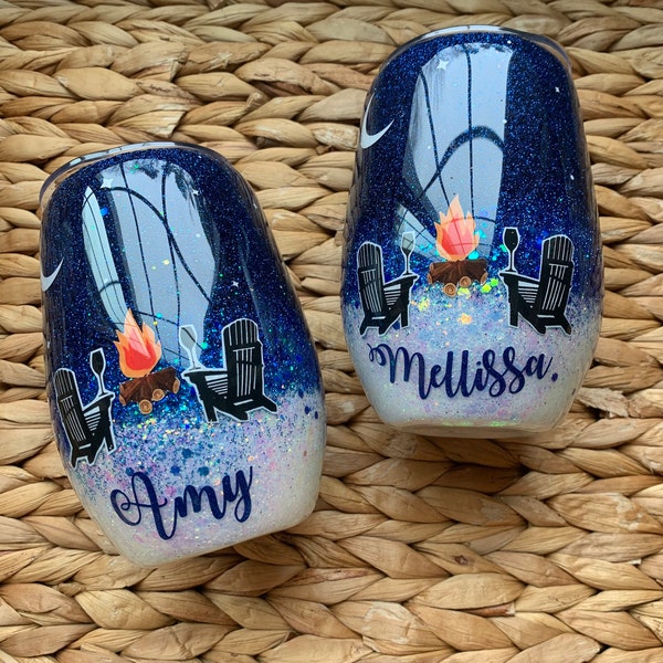 Personalized Glitter Tumbler: Camping Bonfire Design