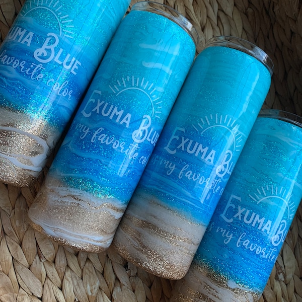 BEACH GLITTER TUMBLERS: Choose One, Your Design Or Mine–Bridal/Bachelorette Party, Gifts for Her, Exuma Blue Is My Favorite Color