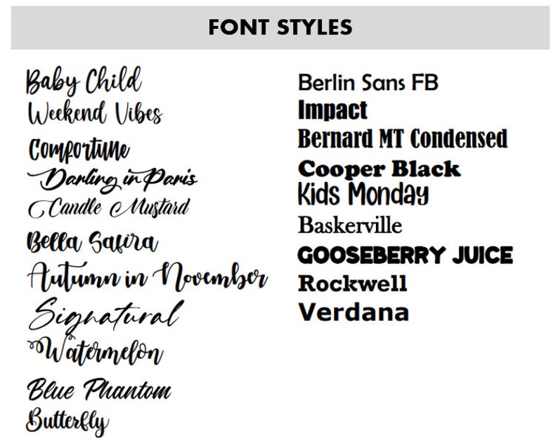 May include: A list of font styles with examples of each style. The font styles include: Baby Child, Weekend Vibes, Comfortune, Darling in Paris, Candle Mustard, Bella Safira, Autumn in November, Signatural, Watermelon, Blue Phantom, Butterfly, Berlin Sans FB, Impact, Bernard MT Condensed, Cooper Black, Kids Monday, Baskerville, GOOSEBERRY JUICE, Rockwell, and Verdana.