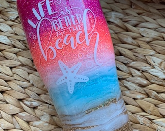 Beach Glitter Tumbler: Custom Design, Stainless Steel, Gifts for Her
