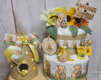 Winnie the Pooh 2 tier diaper cake centerpiece-Classic Winnie the Pooh Baby shower decor-Pooh centerpiece-Vintage Pooh decor-Pooh baby gift