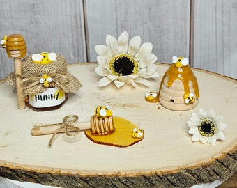 Bee Decoration-Faux honey jar-Mini wooden Beehive-faux honey spill dipper-Bee theme Baby Shower decor-Bee Gender reveal-Bee tierd tray decor