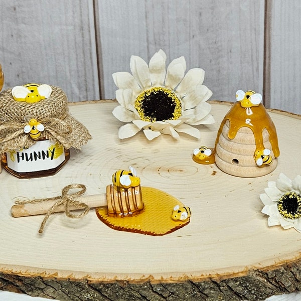 Bee Decoration-Faux honey jar-Mini wooden Beehive-faux honey spill dipper-Bee theme Baby Shower decor-Bee Gender reveal-Bee tierd tray decor