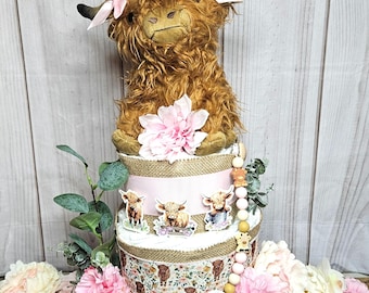 Highland Cow Diaper Cake for Girls: Boho Baby Shower Centerpiece