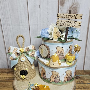 Winnie the Pooh 2 tier diaper cake centerpiece for Boy-Classic Winnie the Pooh Baby shower decor for boy-Pooh centerpiece-Vintage Pooh decor bild 3