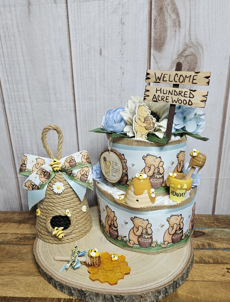 Winnie the Pooh 2 tier diaper cake centerpiece for Boy-Classic Winnie the Pooh Baby shower decor for boy-Pooh centerpiece-Vintage Pooh decor bild 3