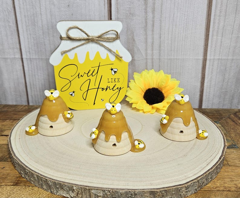 Wooden Beehive with faux honey-Bee decoration-Bee theme Baby Shower decoration-Bee 1st birthday-Bee Gender reveal-Bee tiered tray decor image 2