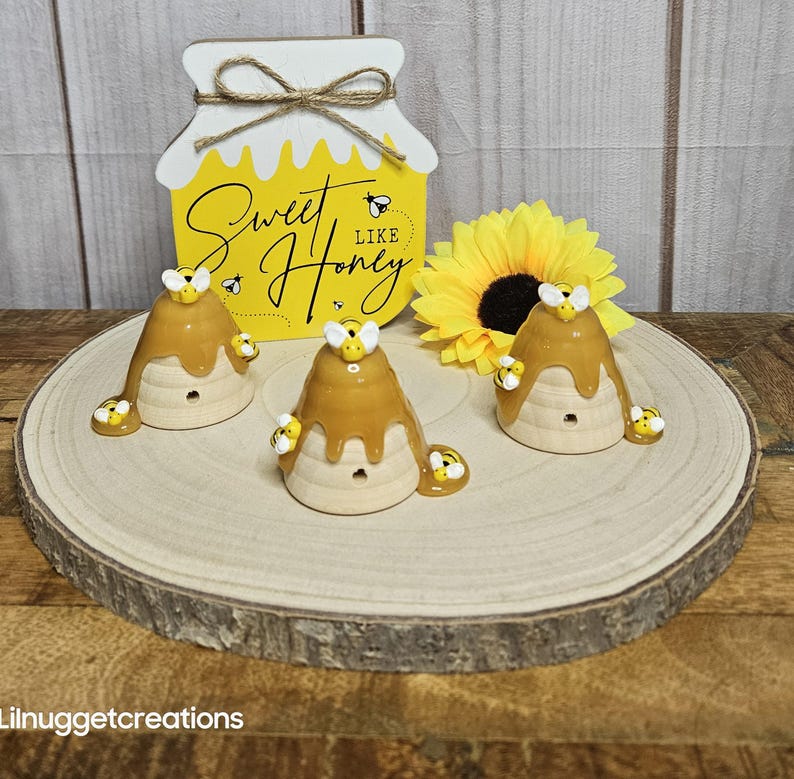 Wooden Beehive with faux honey-Bee decoration-Bee theme Baby Shower decoration-Bee 1st birthday-Bee Gender reveal-Bee tiered tray decor image 8