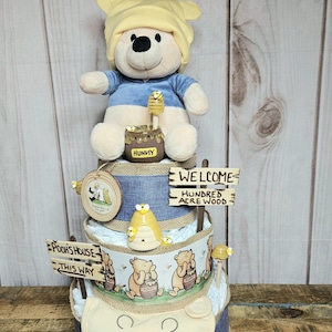 Winnie the Pooh 3 Tier Diaper Cake-Winnie the Pooh Baby shower decor Boy-Pooh baby shower Centerpiece-Pooh Baby gift Boy-Boy diaper cake