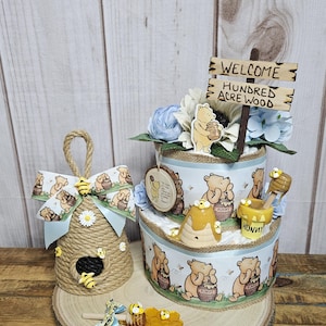 Winnie the Pooh 2 tier diaper cake centerpiece for Boy-Classic Winnie the Pooh Baby shower decor for boy-Pooh centerpiece-Vintage Pooh decor bild 1