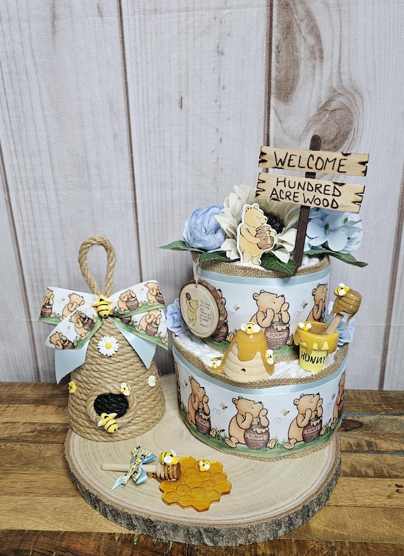 Winnie the Pooh 2 tier diaper cake centerpiece for Boy-Classic Winnie the Pooh Baby shower decor for boy-Pooh centerpiece-Vintage Pooh decor
