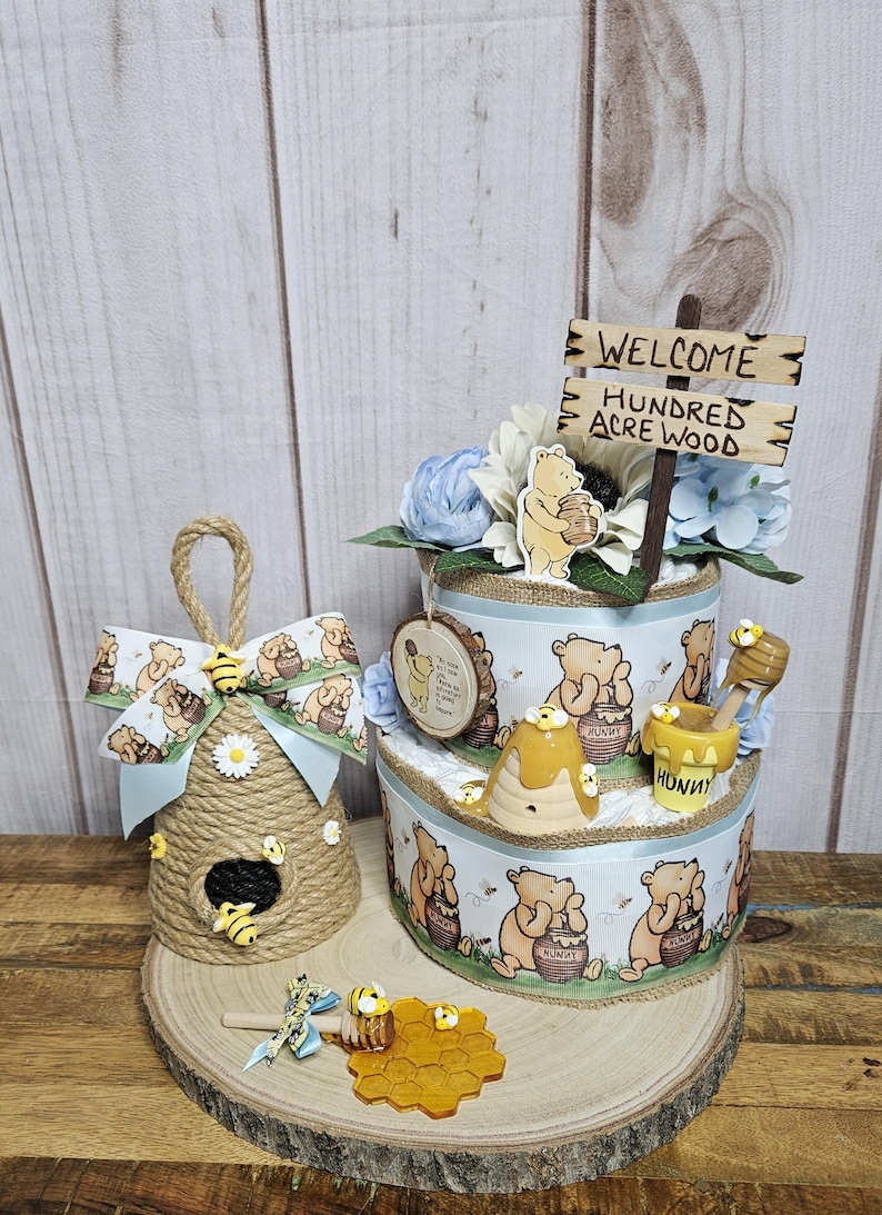 Winnie the Pooh 2 tier diaper cake centerpiece for Boy-Classic Winnie the Pooh Baby shower decor for boy-Pooh centerpiece-Vintage Pooh decor bild 1
