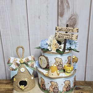 Winnie the Pooh 2 tier diaper cake centerpiece for Boy-Classic Winnie the Pooh Baby shower decor for boy-Pooh centerpiece-Vintage Pooh decor 3 piece no woodcut
