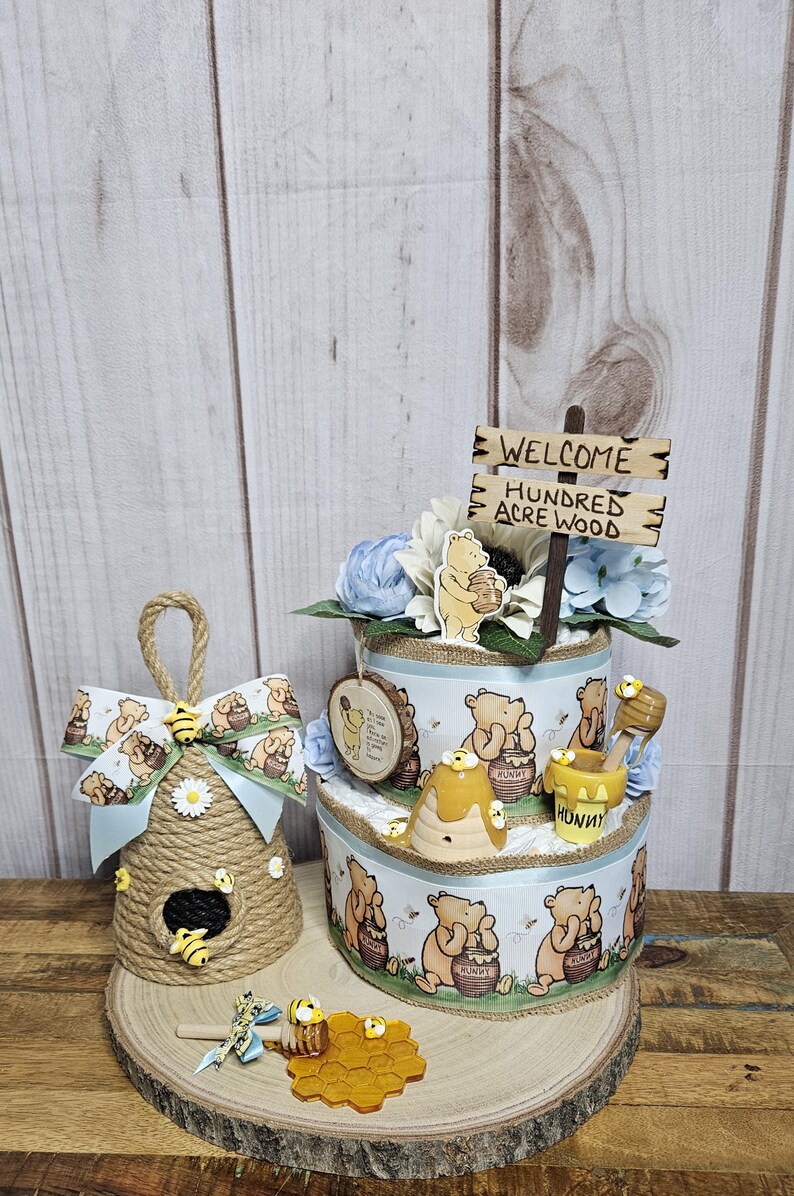 Winnie the Pooh 2 tier diaper cake centerpiece for Boy-Classic Winnie the Pooh Baby shower decor for boy-Pooh centerpiece-Vintage Pooh decor 3 piece no woodcut