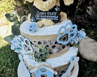 Goldendoodle Diaper Cake-puppy Theme Diaper Cake for Boy-blue
