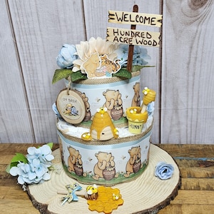 Winnie the Pooh 2 tier diaper cake centerpiece for Boy-Classic Winnie the Pooh Baby shower decor for boy-Pooh centerpiece-Vintage Pooh decor 2 tier cake & dipper