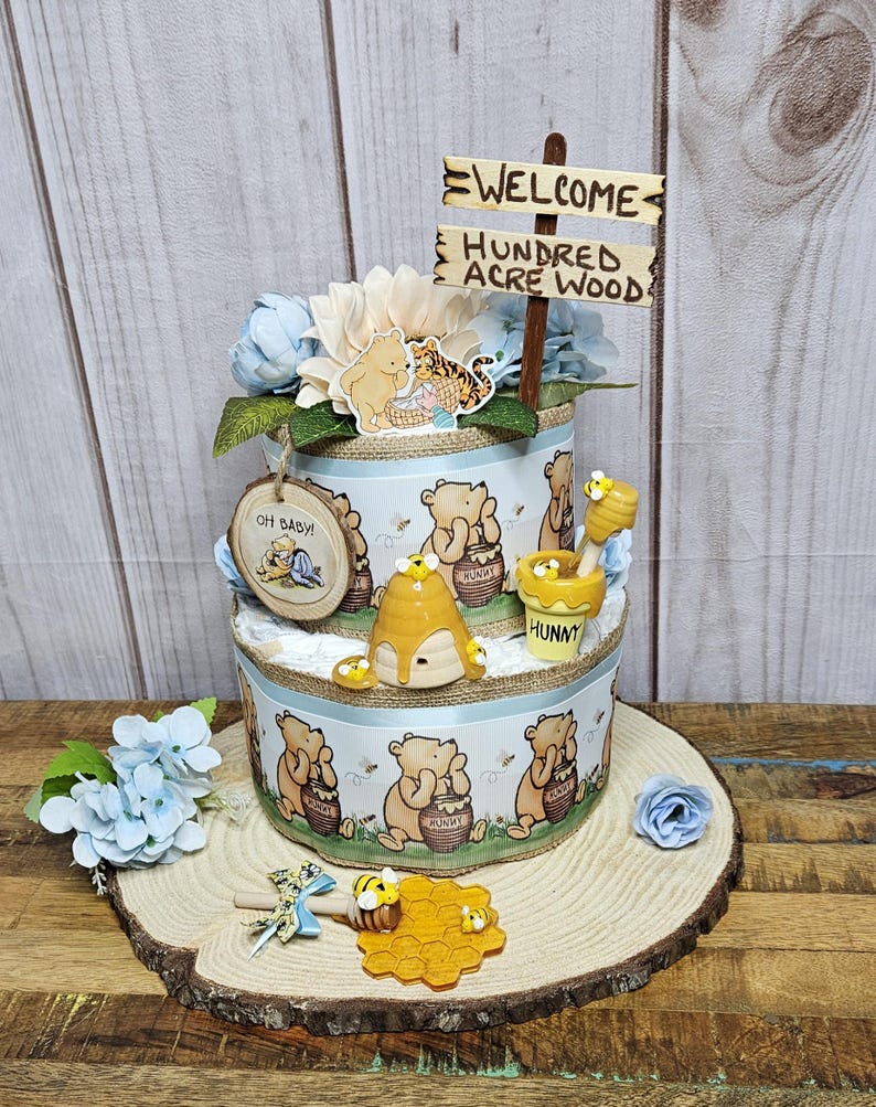 Winnie the Pooh 2 tier diaper cake centerpiece for Boy-Classic Winnie the Pooh Baby shower decor for boy-Pooh centerpiece-Vintage Pooh decor 2 tier cake & dipper