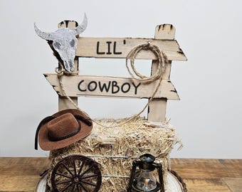 Cowboy centerpiece, Cowboy Baby shower decor, Western party decor, Small Haybale centerpiece