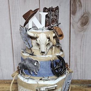 Western 3 tier diaper cake- Cowboy diaper cake-Cowboy Baby shower centerpiece-1st birthday-Cowgirl diaper cake-Mommy to be gift-Baby gift