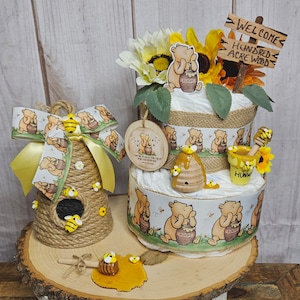 Winnie the Pooh 2 tier diaper cake centerpiece-4 piece set-Classic Winnie the Pooh Baby shower decoration-Pooh centerpiece-Mommy to be gift