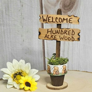 Winnie The Pooh Hundred Acre Wood Sign and wood pot-Pooh baby shower decor-Pooh table decor-Pooh party decor-100 Acre wood sign centerpiece