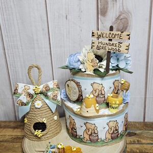 Winnie the Pooh 2 tier diaper cake centerpiece for Boy-Classic Winnie the Pooh Baby shower decor for boy-Pooh centerpiece-Vintage Pooh decor 4 Piece set
