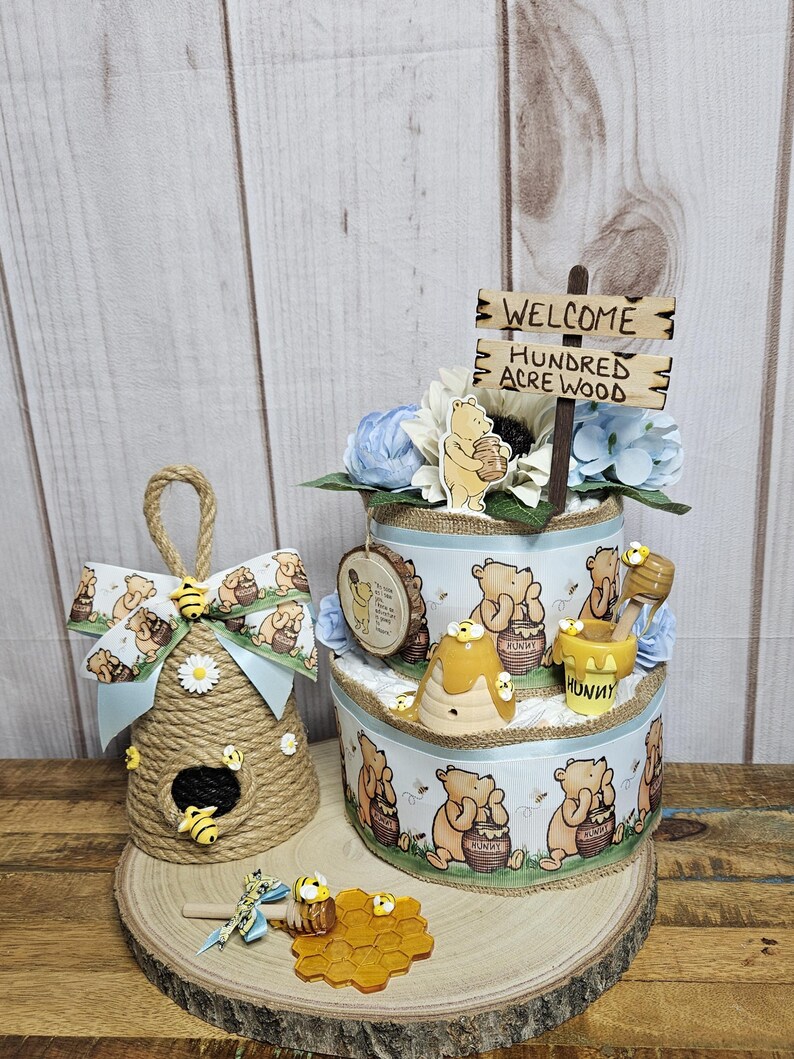 Winnie the Pooh 2 tier diaper cake centerpiece for Boy-Classic Winnie the Pooh Baby shower decor for boy-Pooh centerpiece-Vintage Pooh decor 4 Piece set