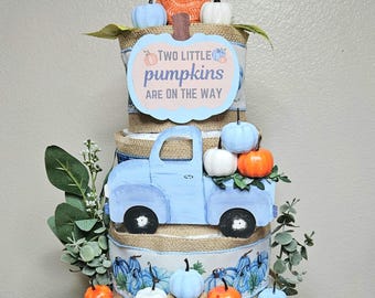 Two Little Pumpkins are on the way 4 tier diaper cake-Twin Little Pumpkin boy baby shower decoration-Little Pumpkin centerpiece for twins